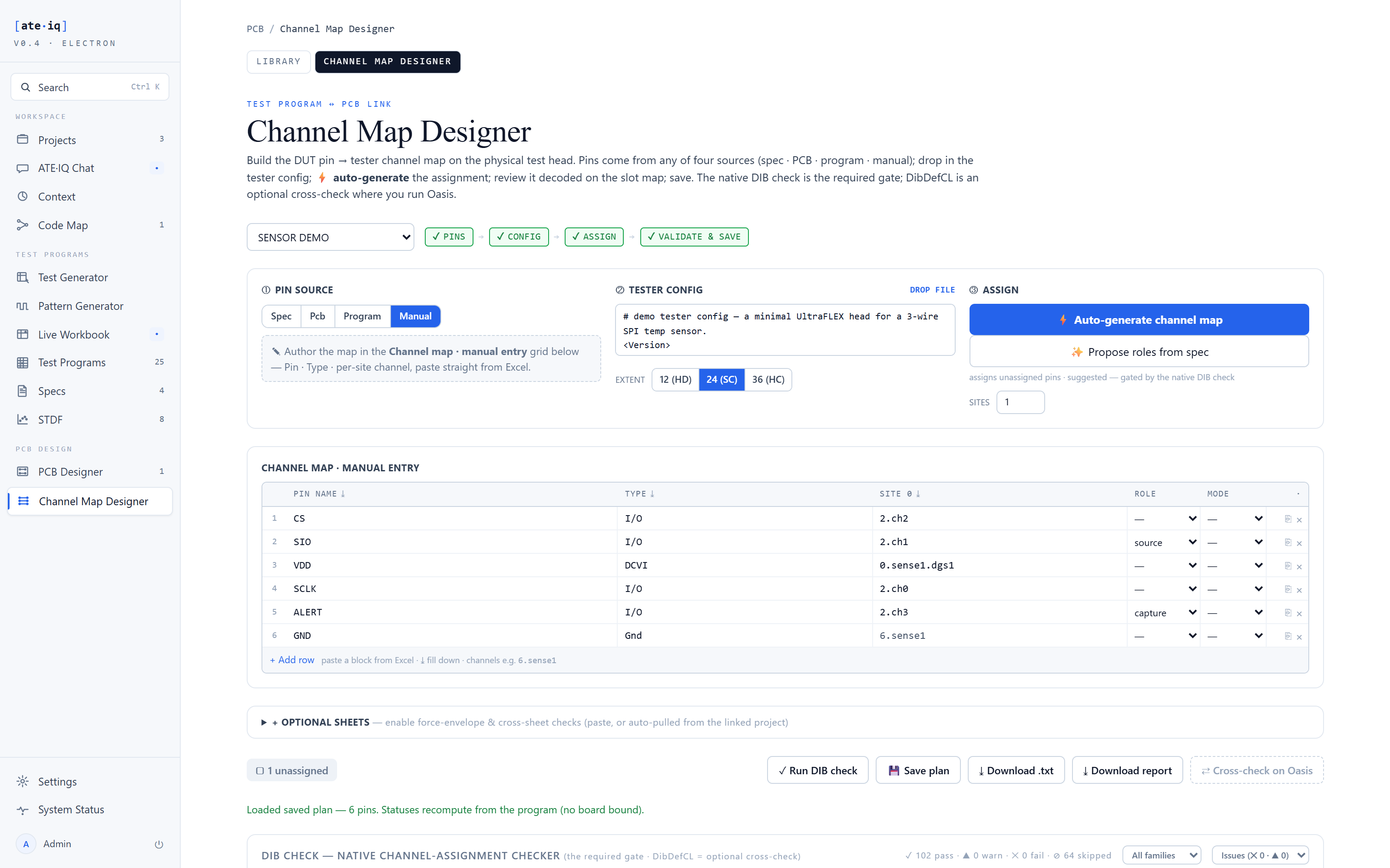 Channel Map Designer with the demonstration pin-to-channel plan
