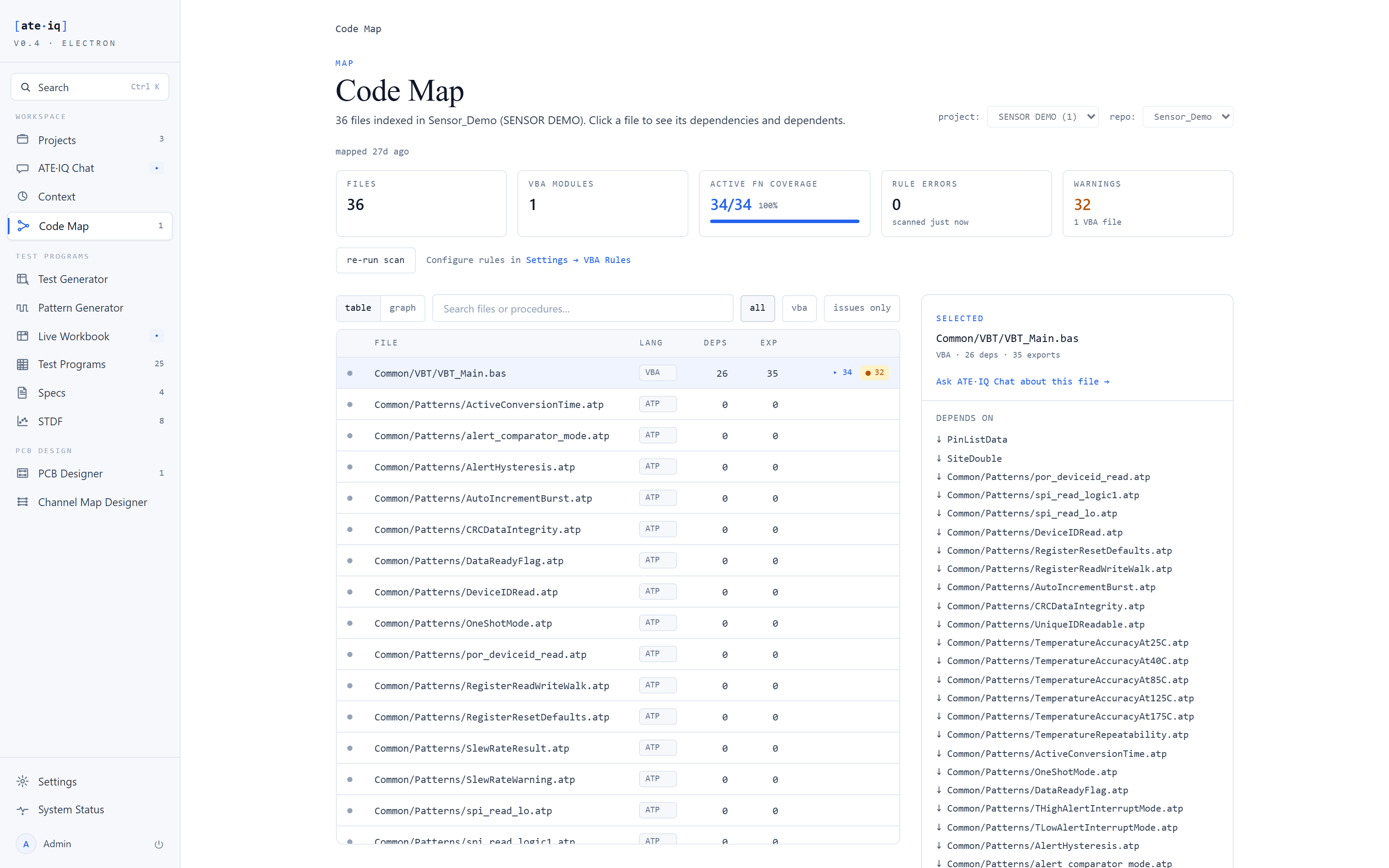 Code Map file table with VBT_Main.bas selected