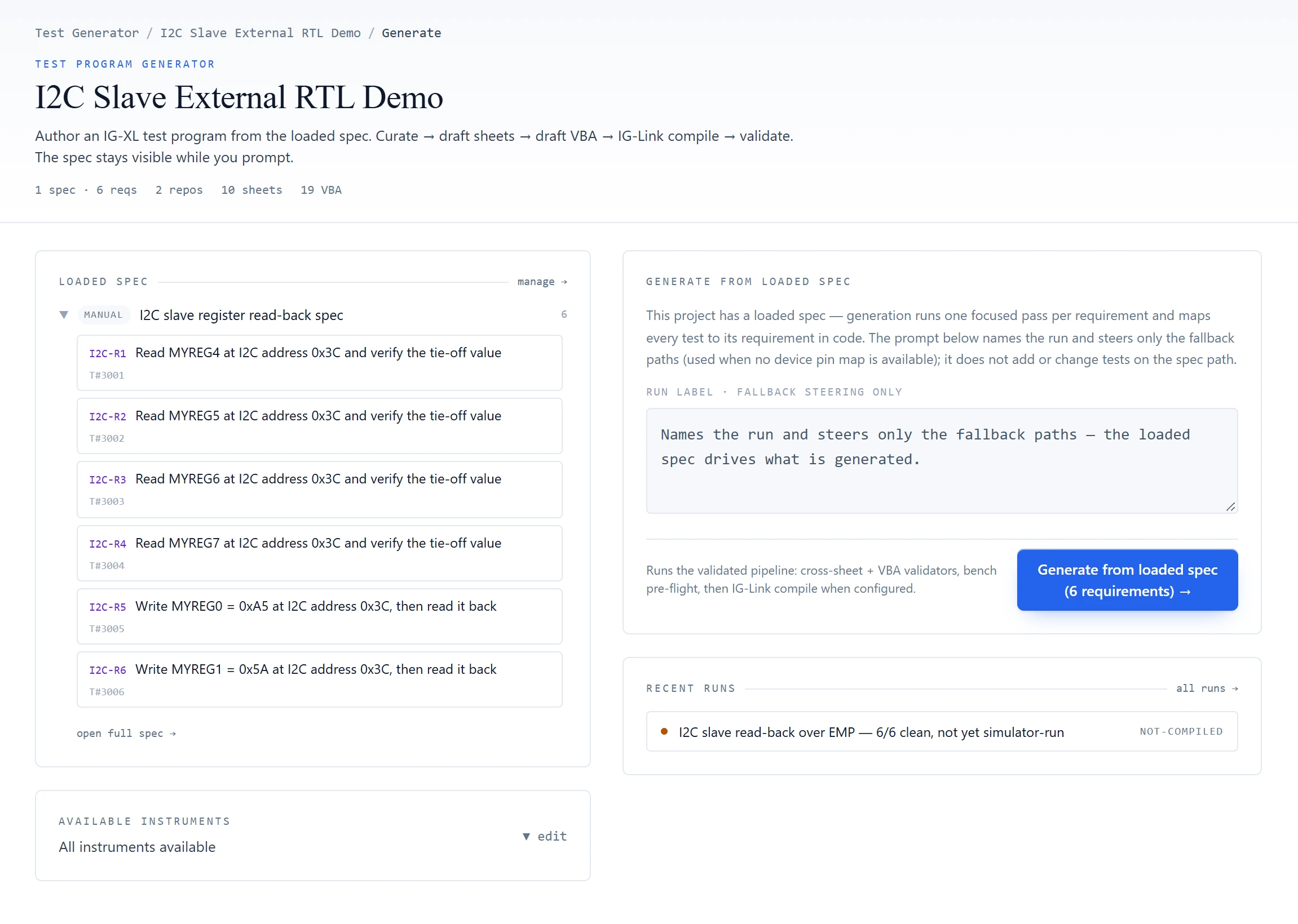 The ATE·IQ Test Program Generator: the loaded spec on the left with six requirements and their test numbers, available instruments below, and on the right the Generate from loaded spec button and the project's recent runs